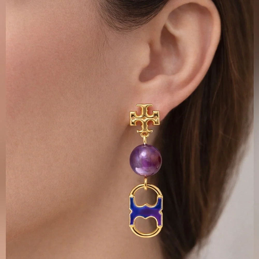 Tory Burch Gold-tone Blue Enamel & Purple Stone Gemini Drop Earrings